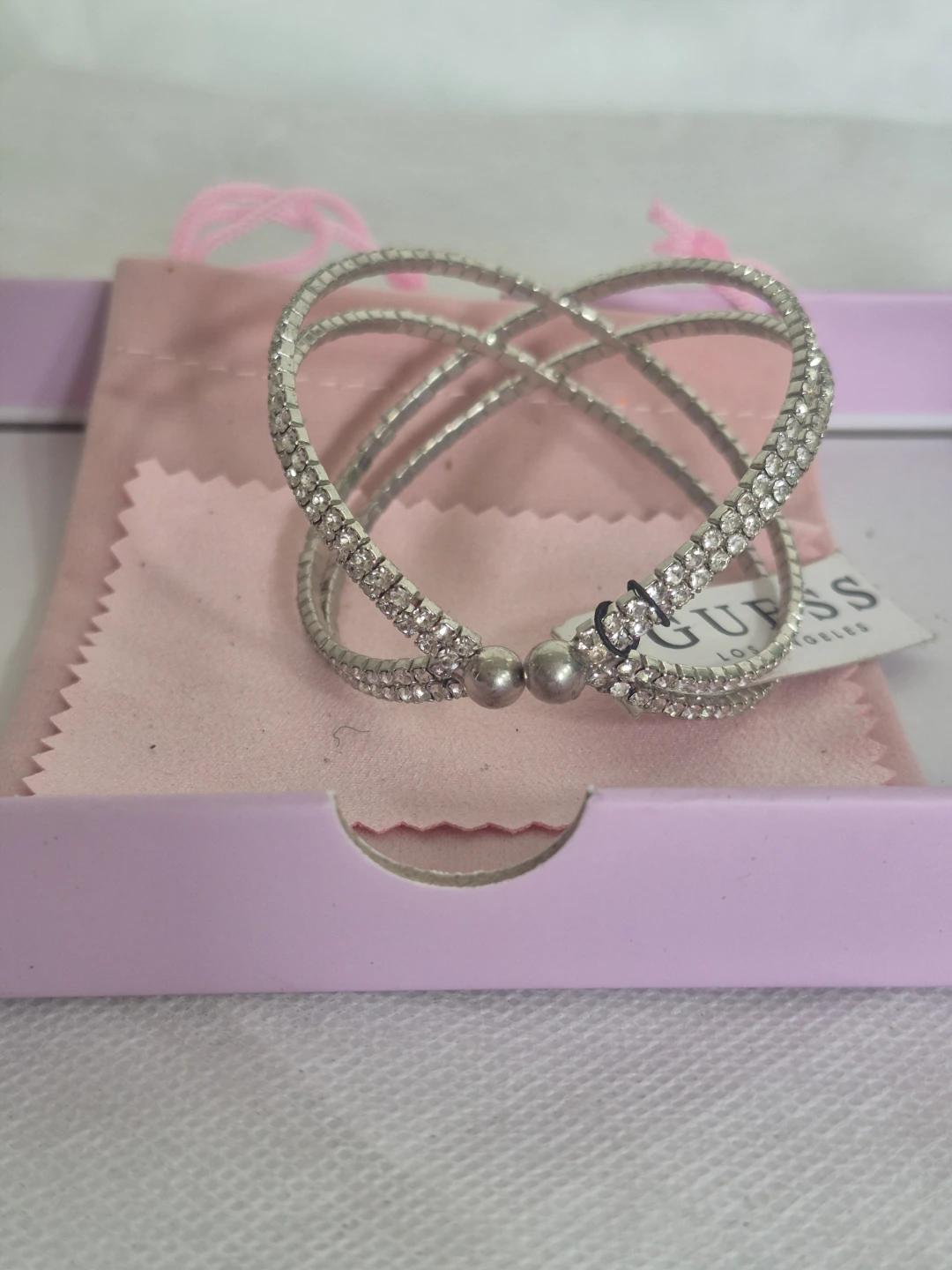 Guess Silver Tone Crystal Crossover Bangle Bracelet - photo 4