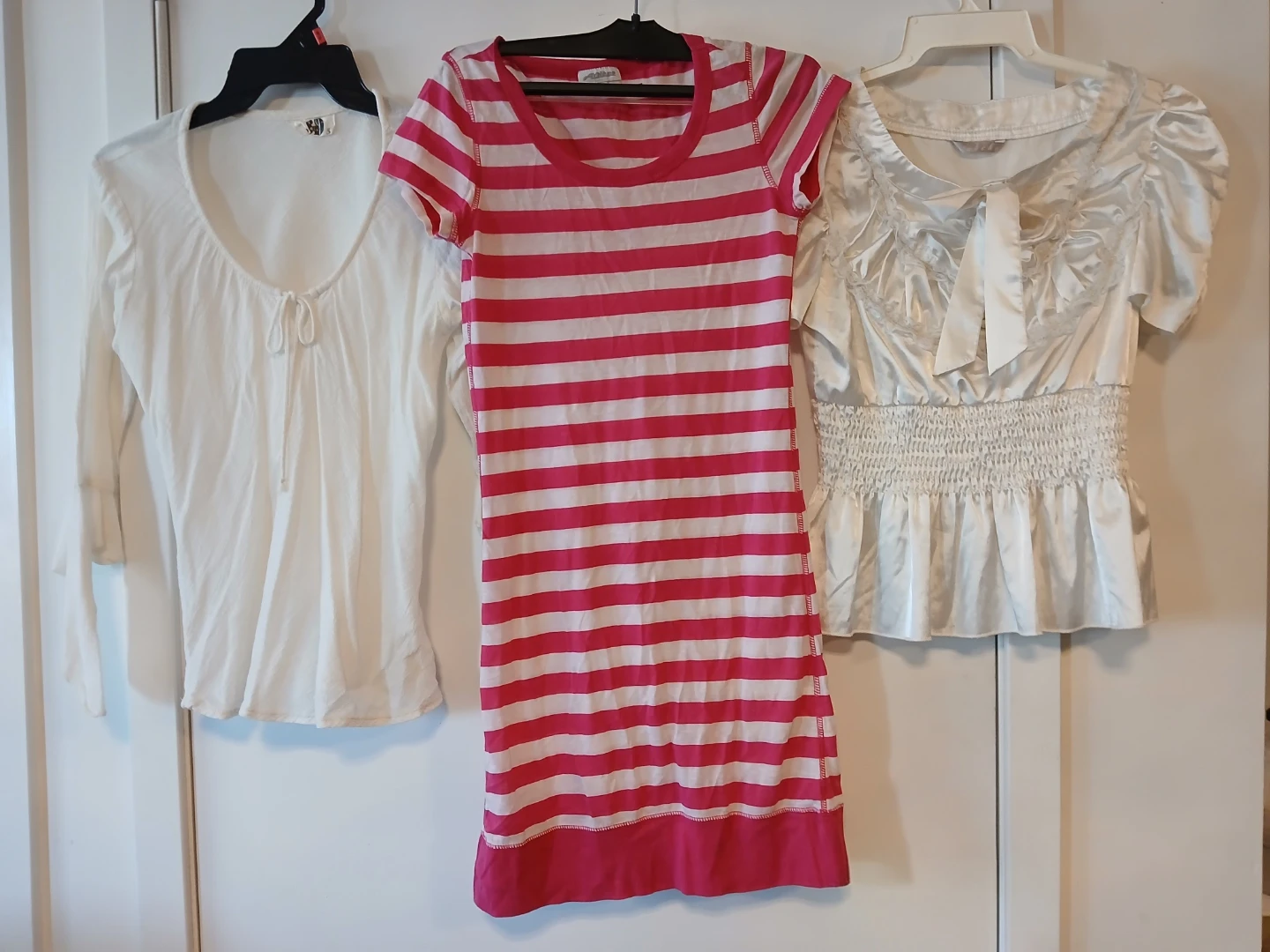 3 Women's Tops - White Blouse, Striped Dress, White Ruched Top.