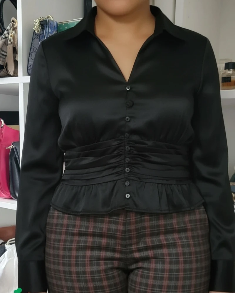 Vintage Bob Mackie Studio Black Ruched Button-Up Blouse Size 10 - photo 2