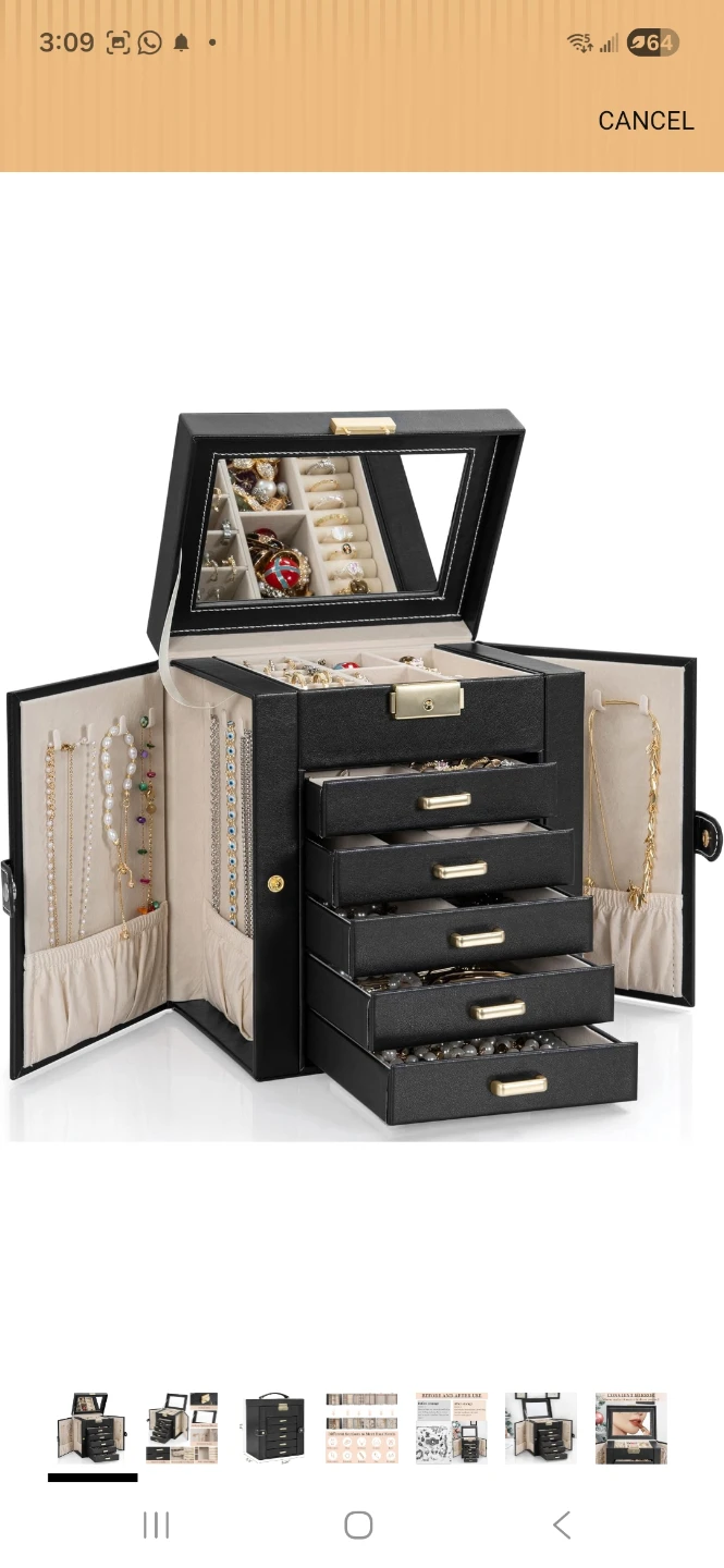 Black Faux Leather Jewelry Box Organizer with Mirror