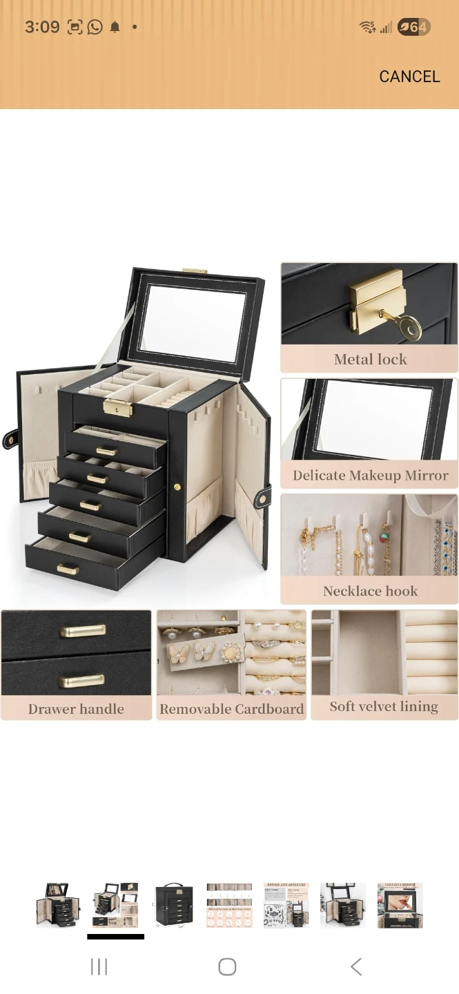 Black Faux Leather Jewelry Box Organizer with Mirror - photo 2