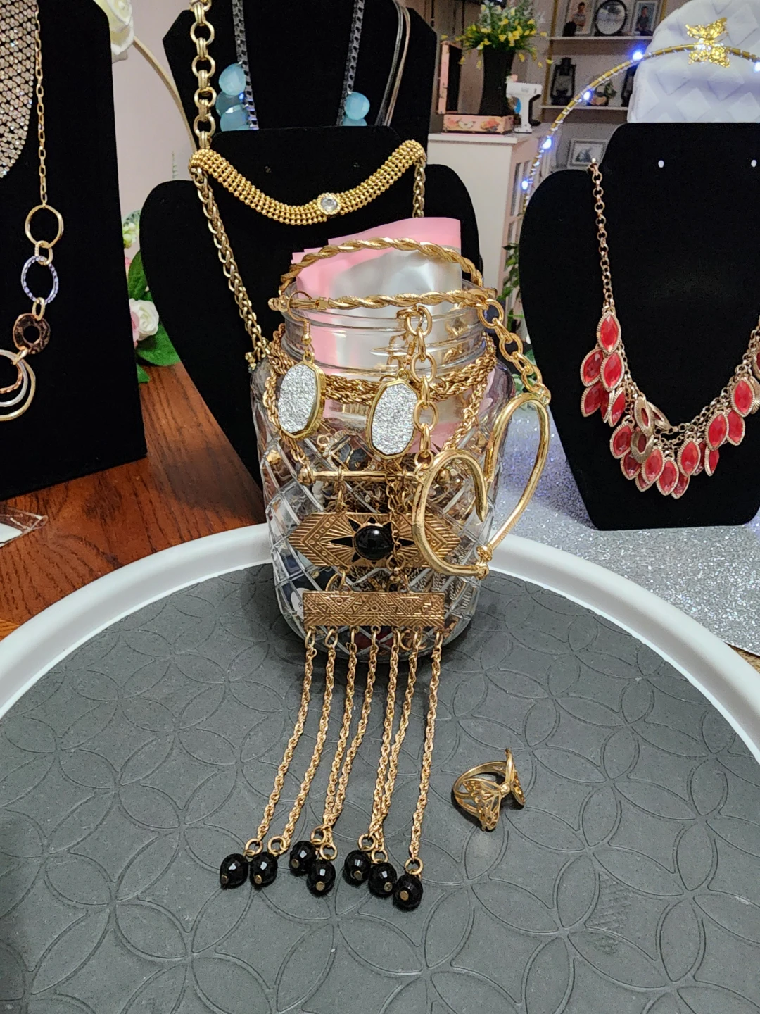Assorted Gold Tone Costume Jewelry in Glass Jar
