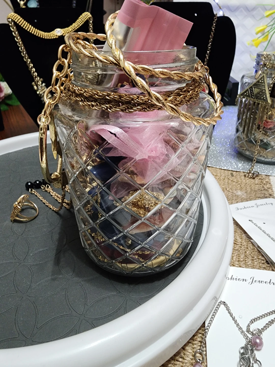 Assorted Gold Tone Costume Jewelry in Glass Jar - photo 2
