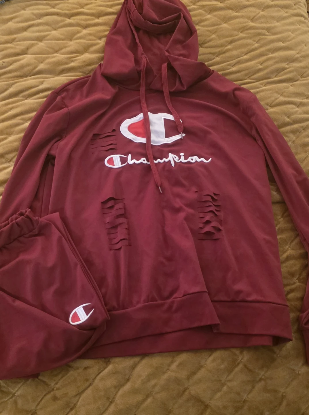 Champion Burgundy Distressed Hoodie and Sweatpants Set