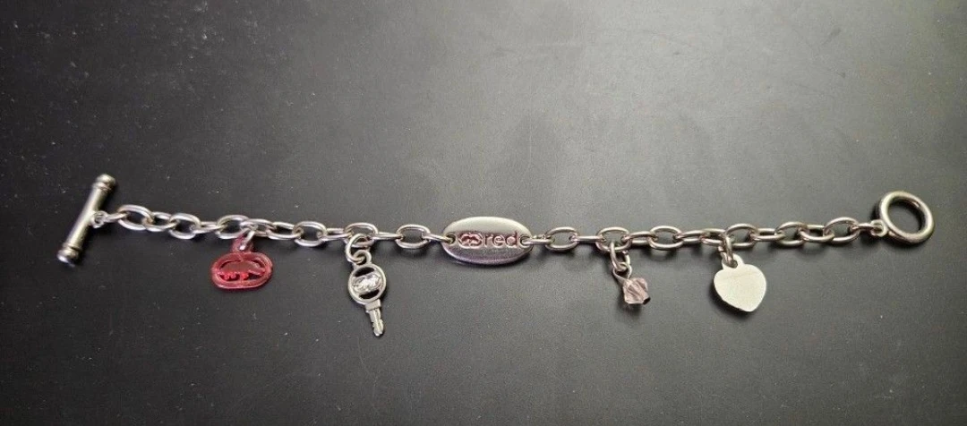 ECO RED. Charm Bracelet with Heart, Key, and Other Charms