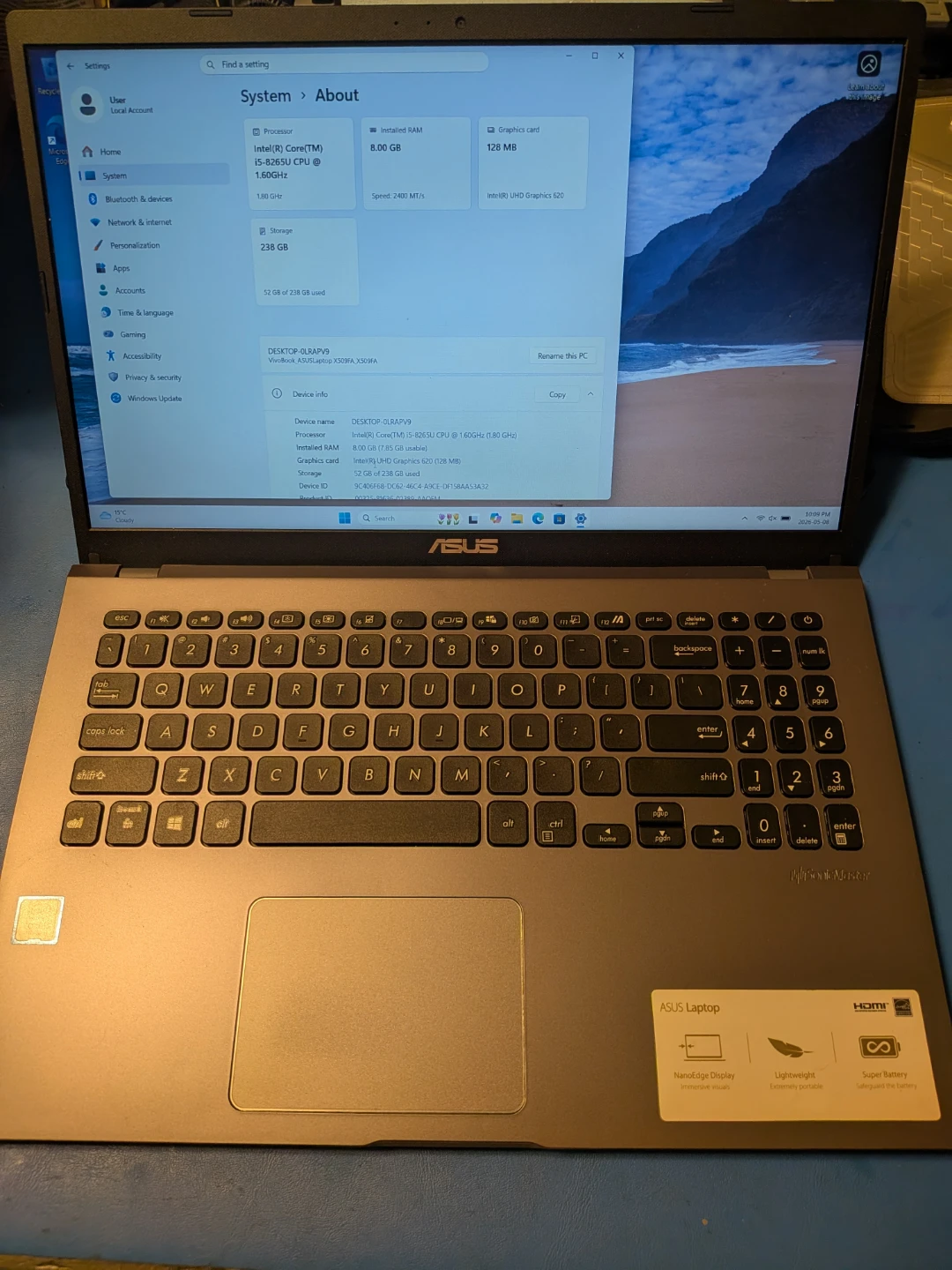 Asus 15" Vivobook - SSD, i5 8th gen, windows 11