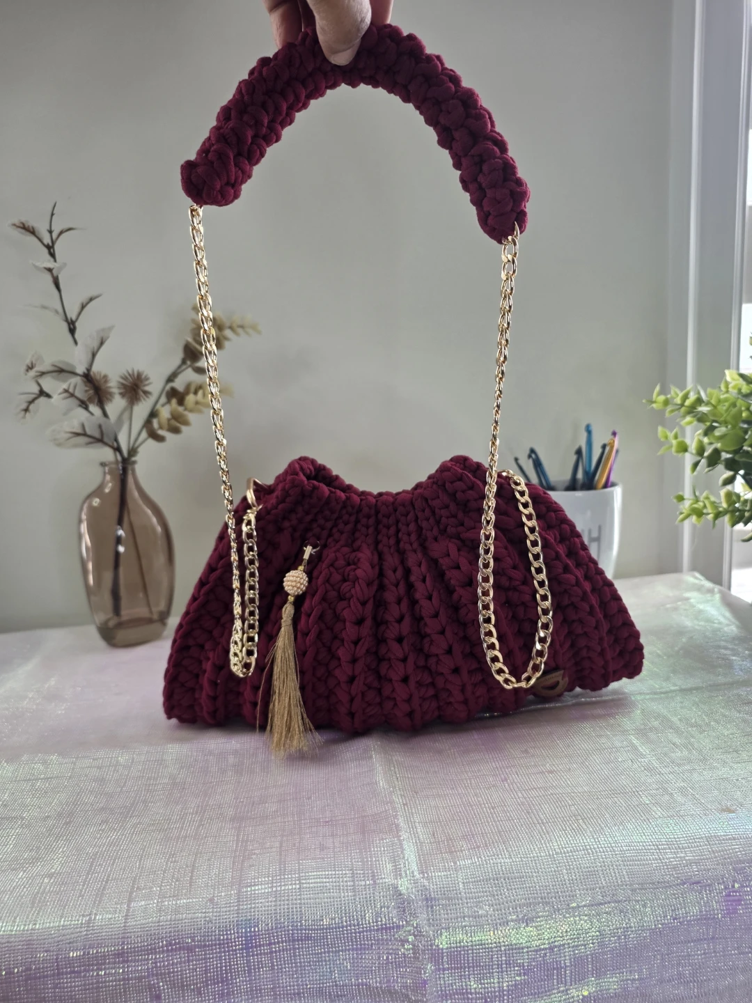 Burgundy Crocheted handbag with Gold Chain