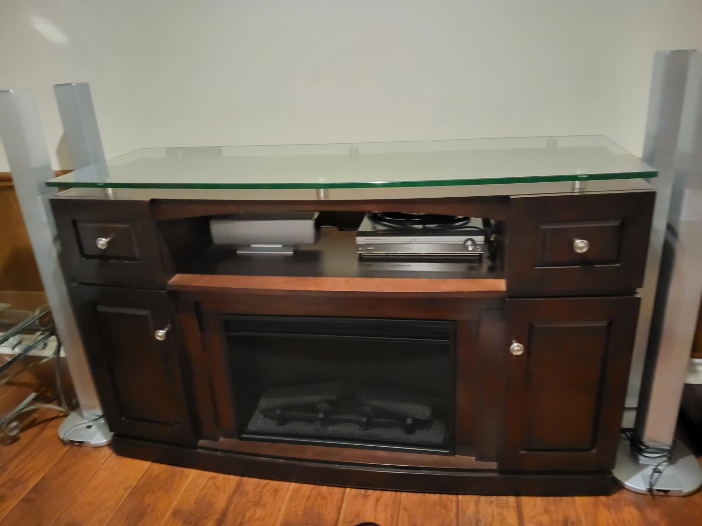 Dark Wood Media Console with Electric Fireplace and Glass Top