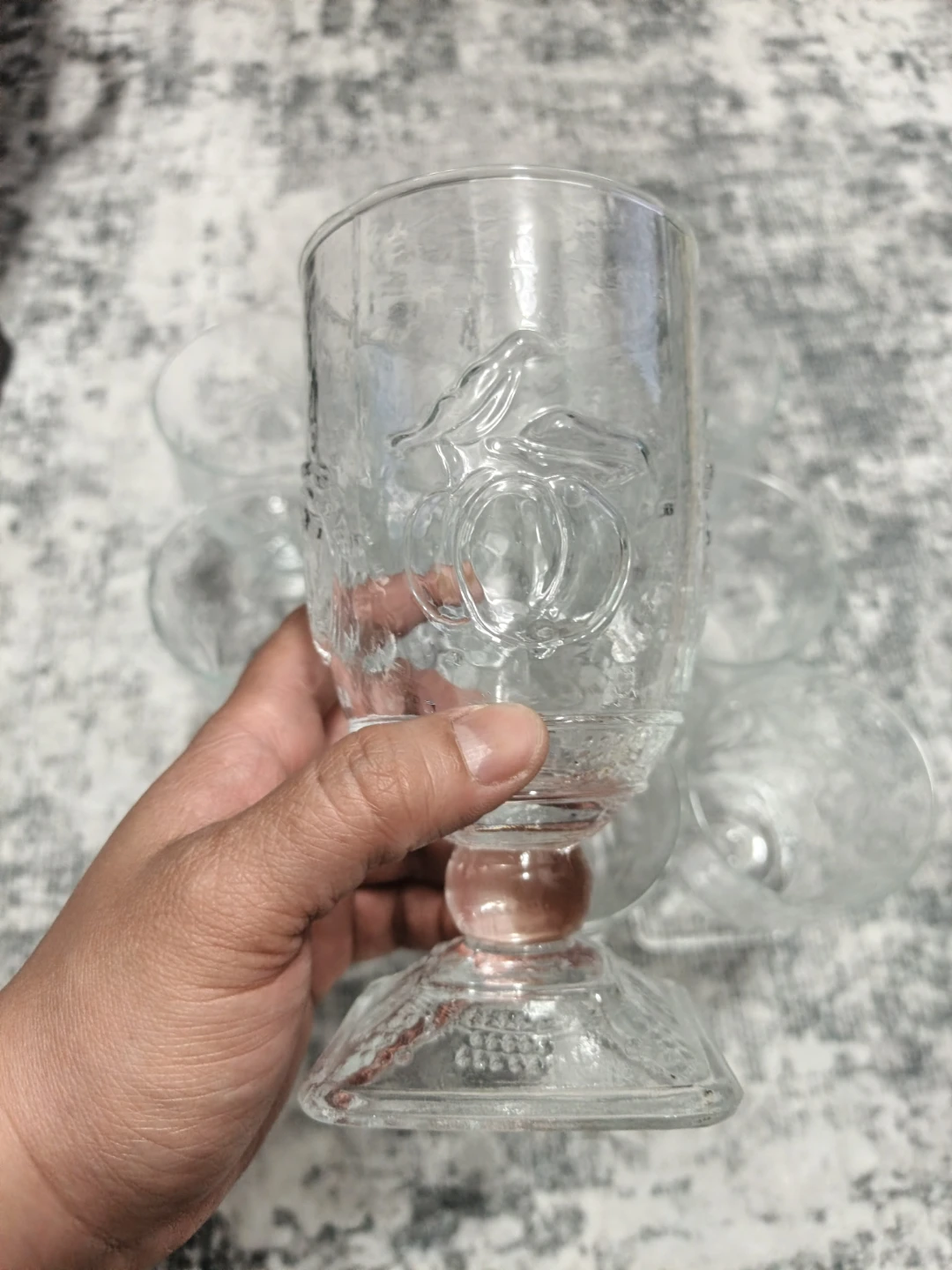 Set of 8 Embossed Glass Goblets with Fruit and Bird Designs