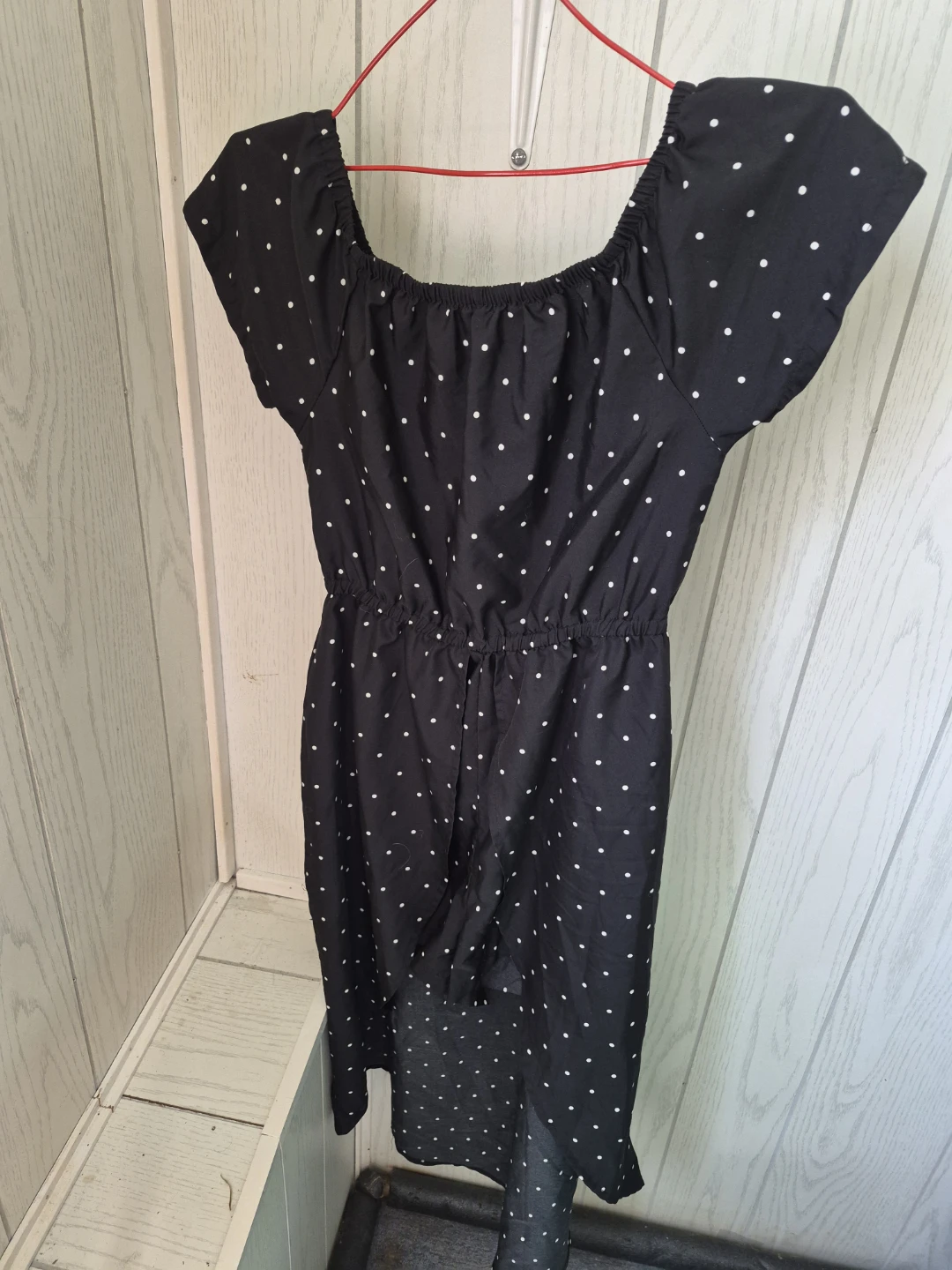 Juko Girl Black Polka Dot Off-the-Shoulder Dress