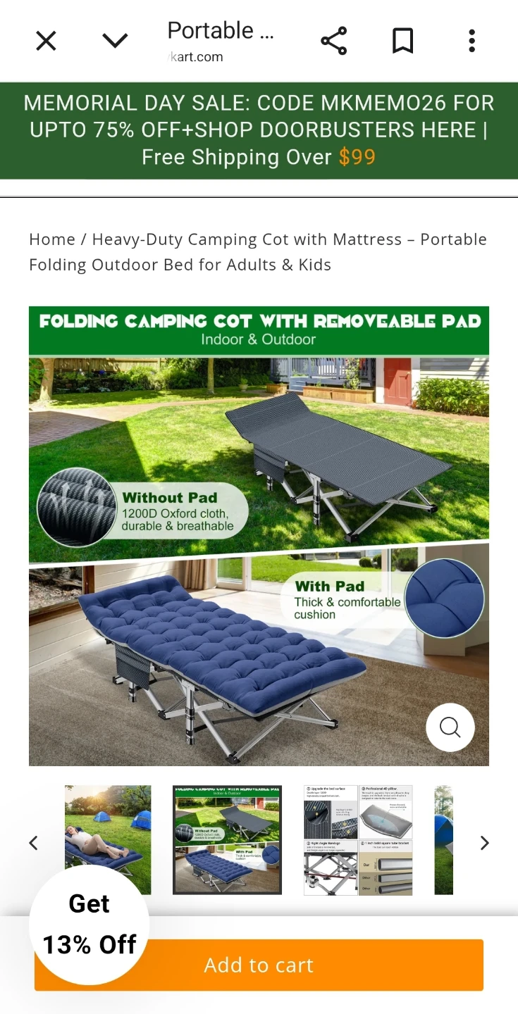 Folding Camping Cot with Removable Pad - photo 2