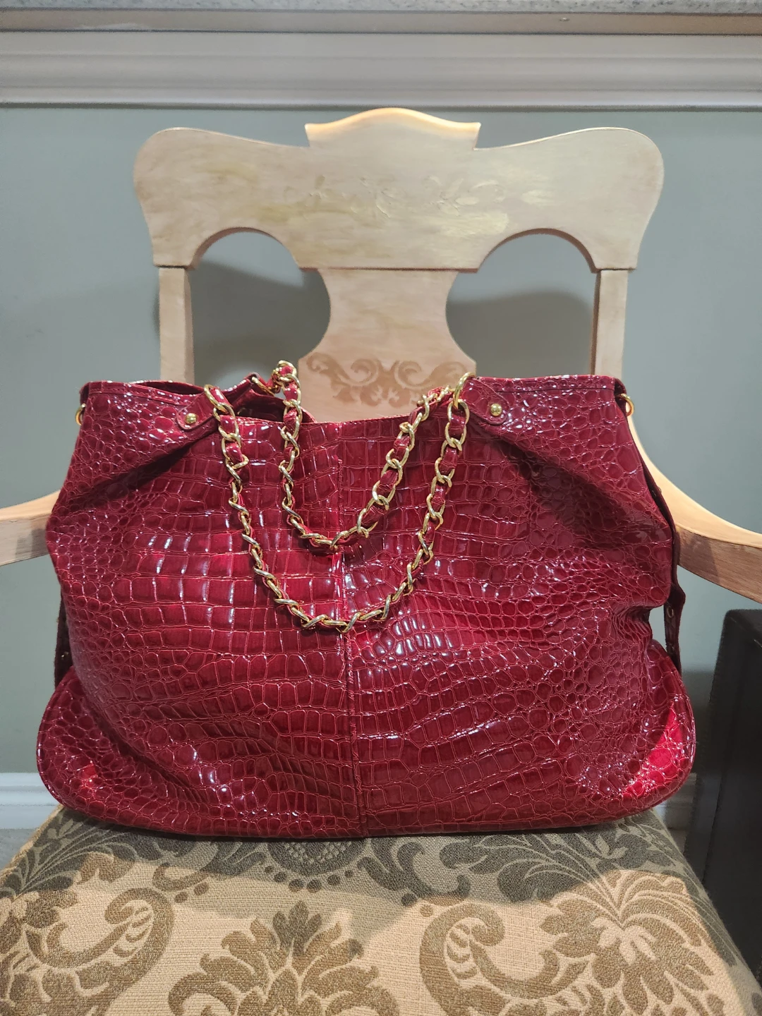 Red Croc Embossed Shoulder Bag with Gold Chain - photo 2