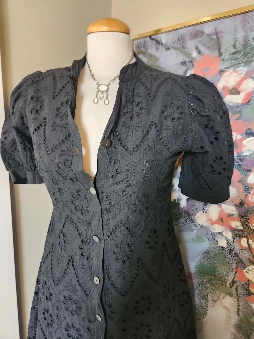Black Eyelet Puff Sleeve Button-Up cotton Dress - photo 3