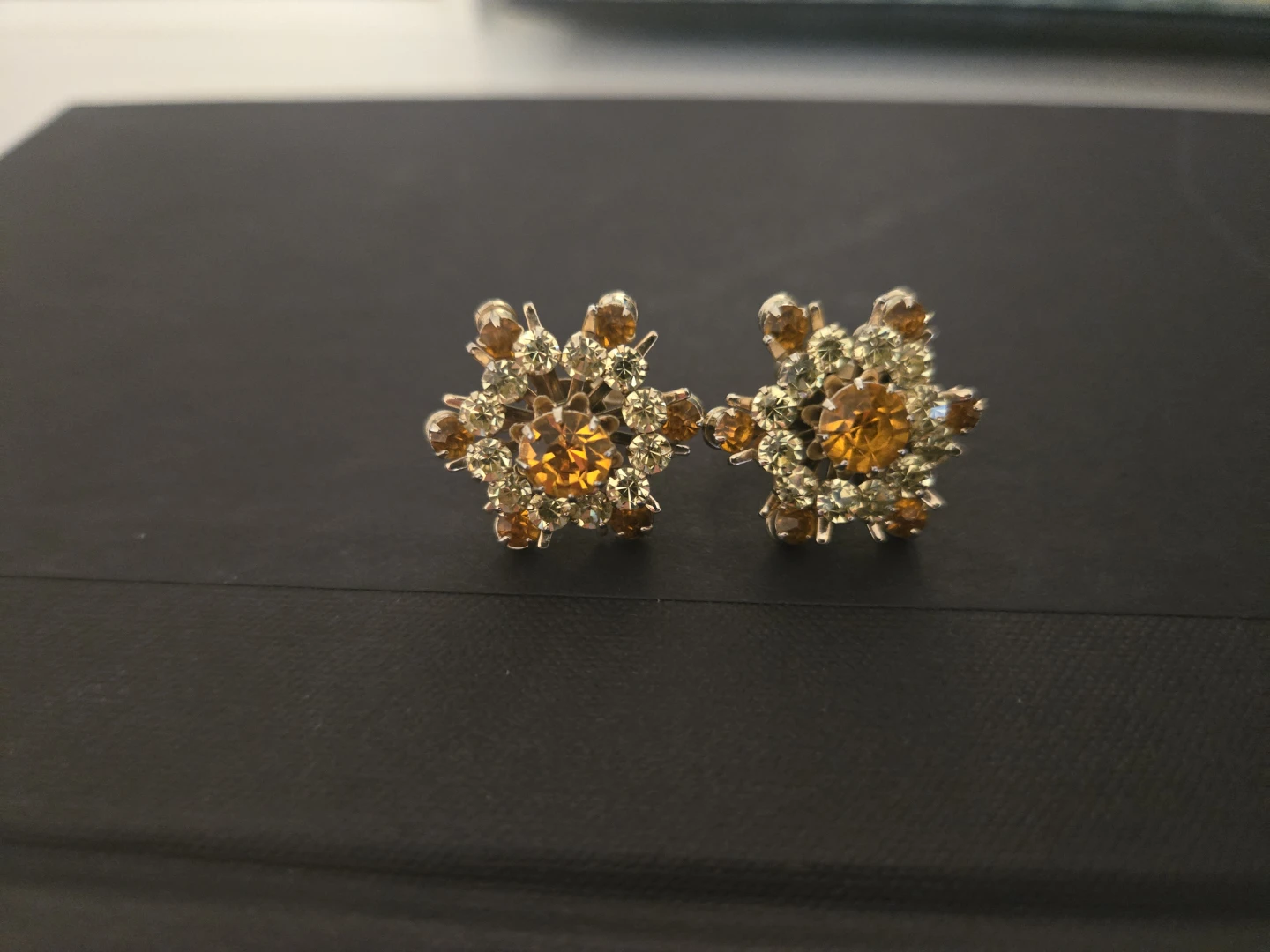Vintage Coro Amber and Clear Rhinestone Screw-Back Earrings