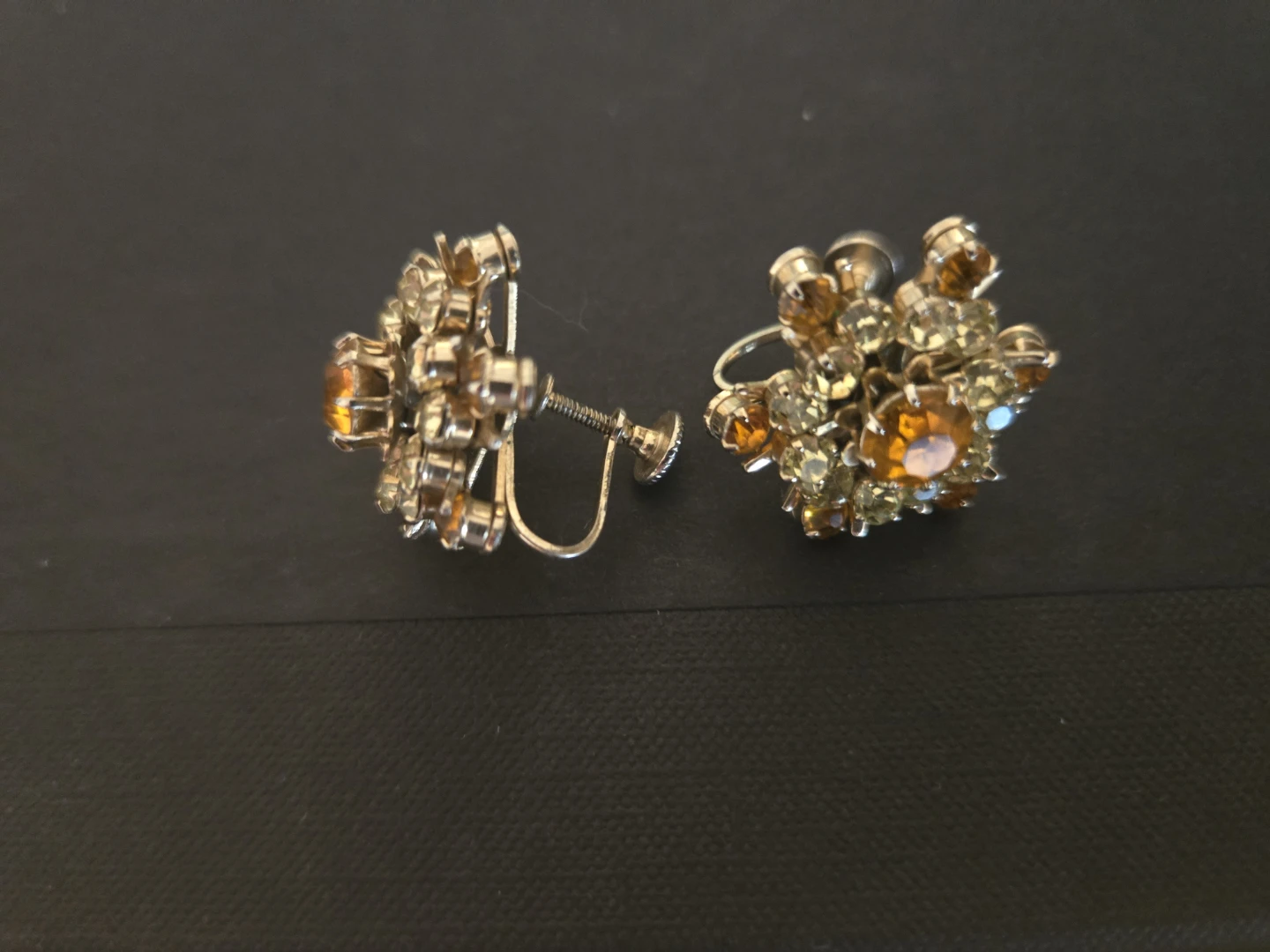 Vintage Coro Amber and Clear Rhinestone Screw-Back Earrings - photo 2