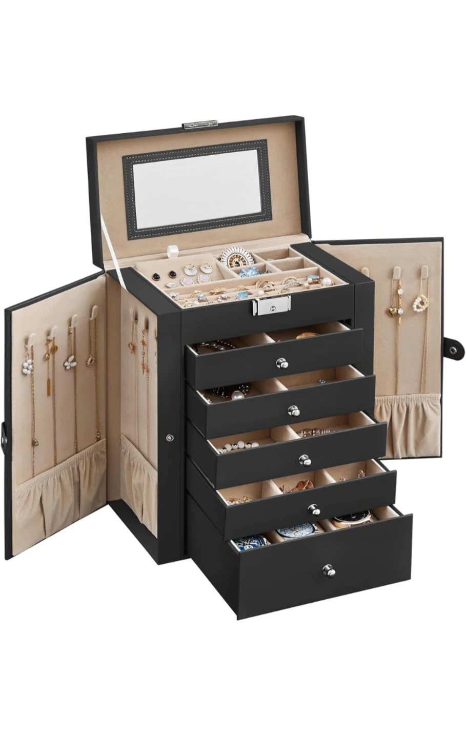 Black Jewelry Organizer Box with Mirror and Drawers