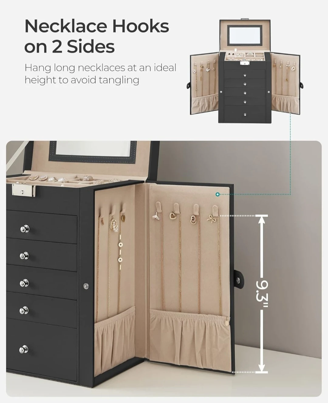 Black Jewelry Organizer Box with Mirror and Drawers - photo 3