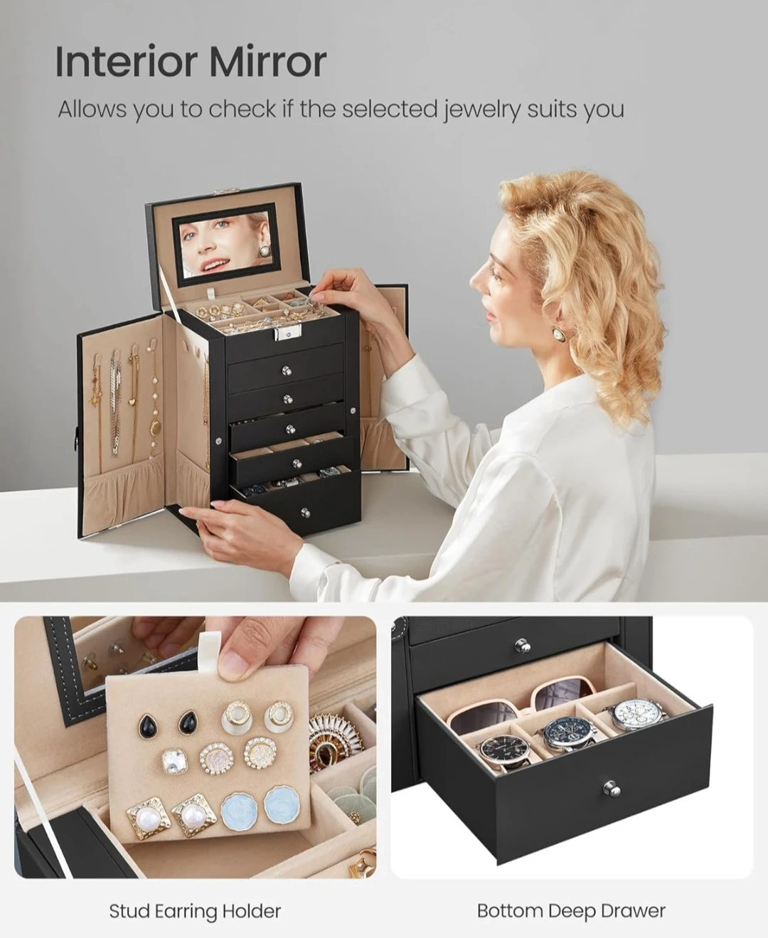 Black Jewelry Organizer Box with Mirror and Drawers - photo 4