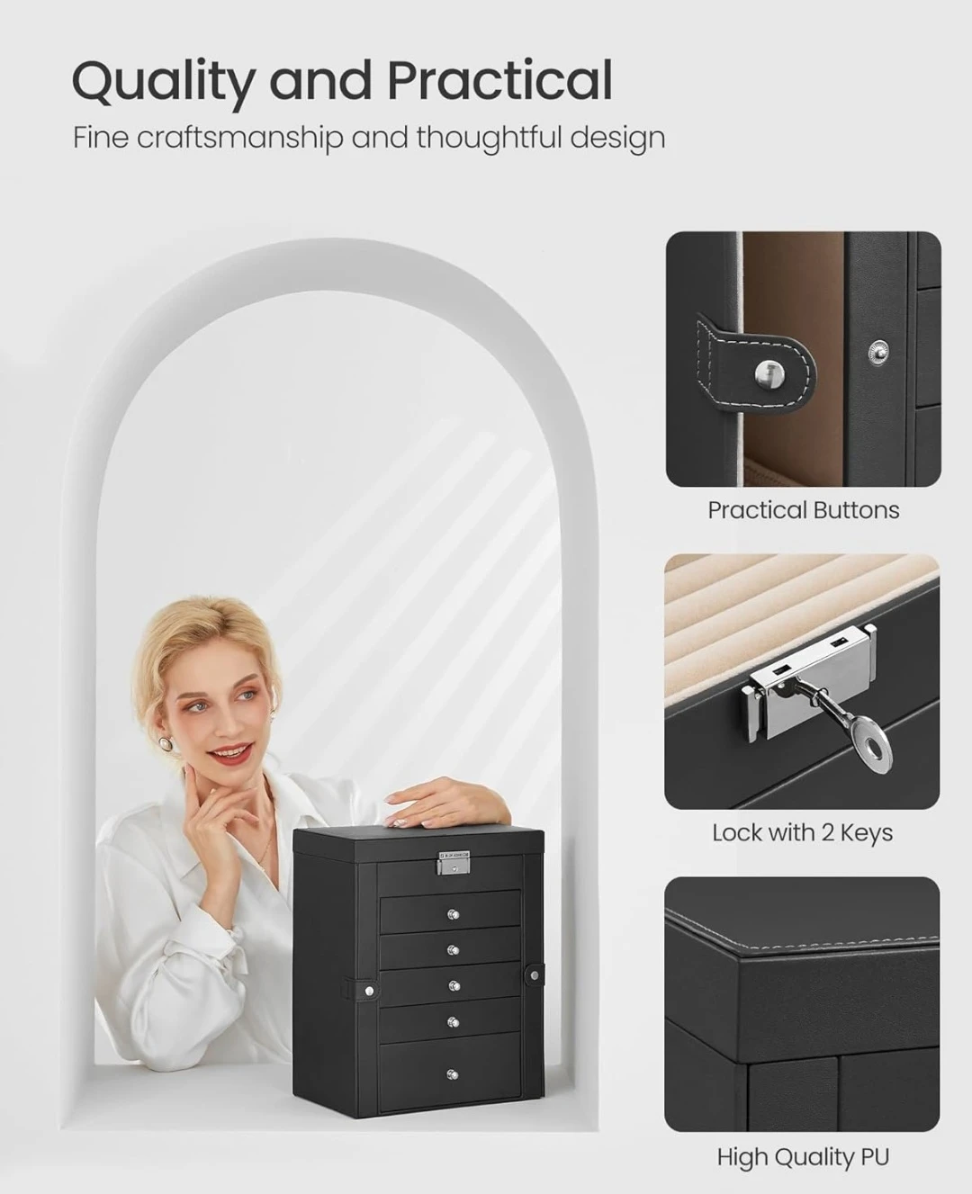 Black Jewelry Organizer Box with Mirror and Drawers - photo 5