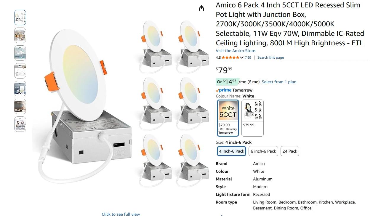 Amico 6 Pack 4 Inch 5CCT LED Slim Pot Lights - photo 2