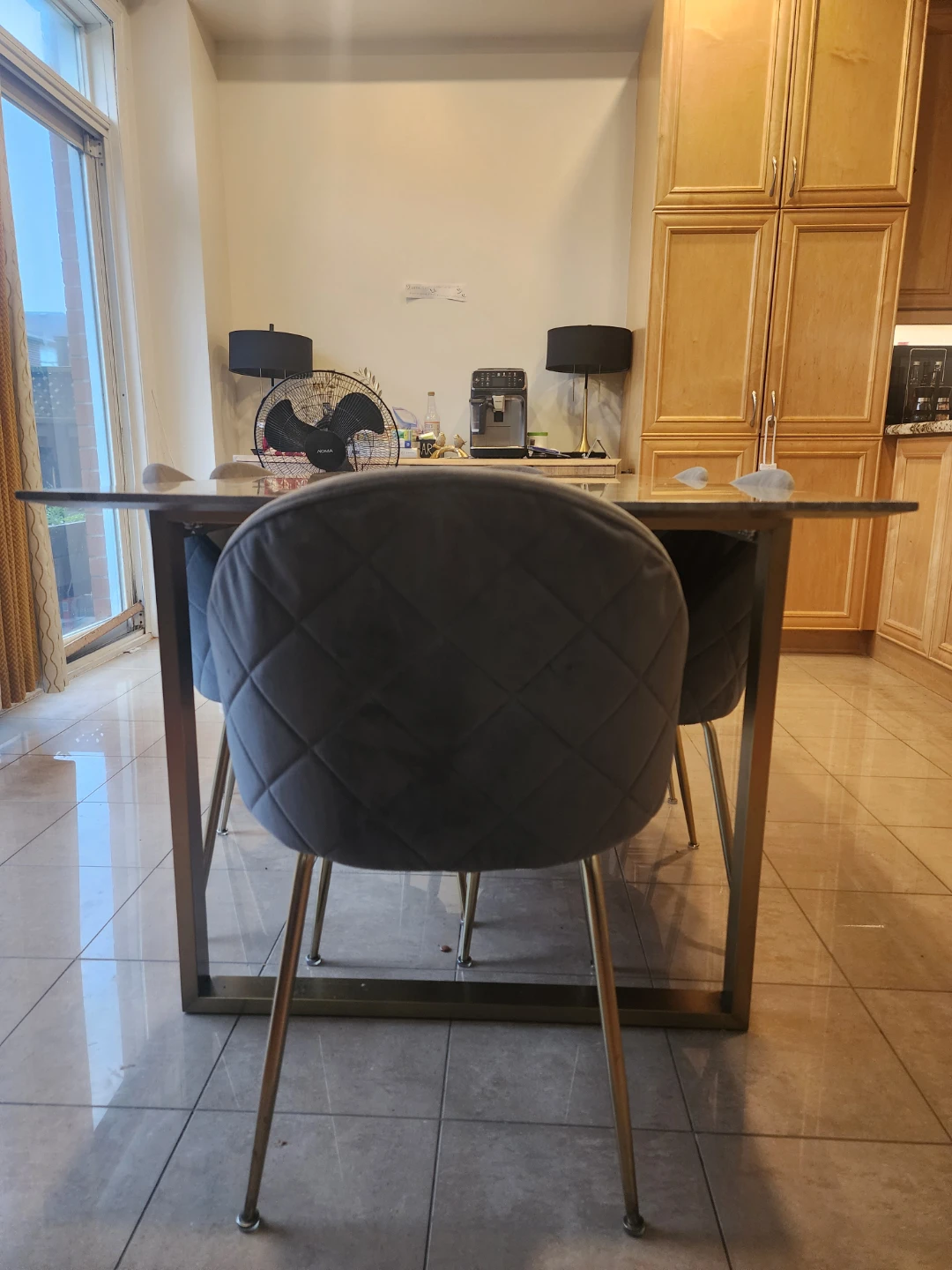 Set of 6 Grey Velvet Dining Chairs with Table