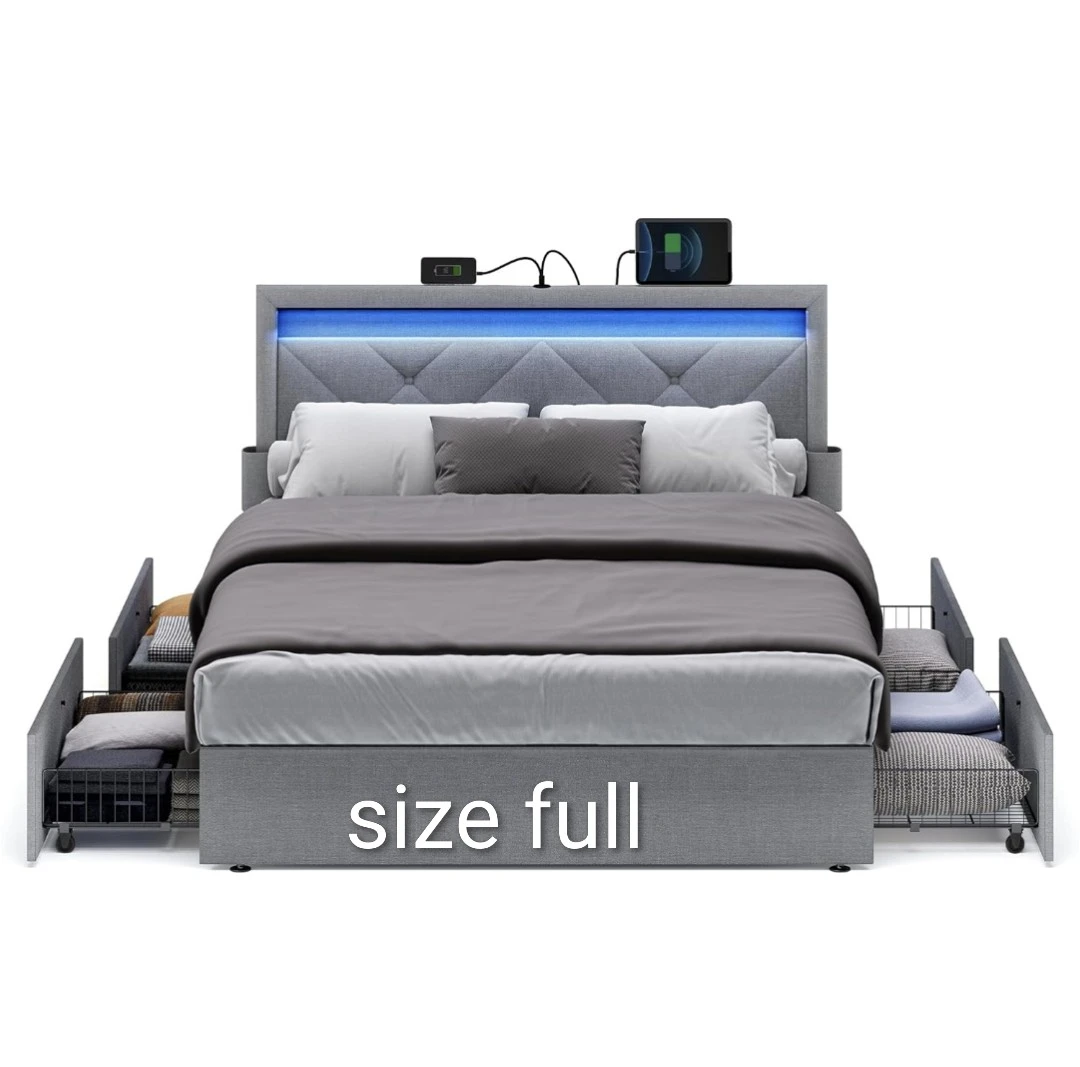 Full Size Bed Frame with 4 Storage Drawers and LED Lights