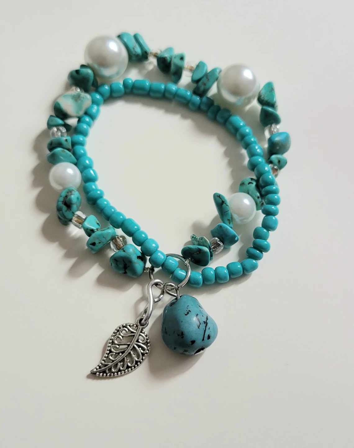 Turquoise Beaded Coil Bracelet with Charm