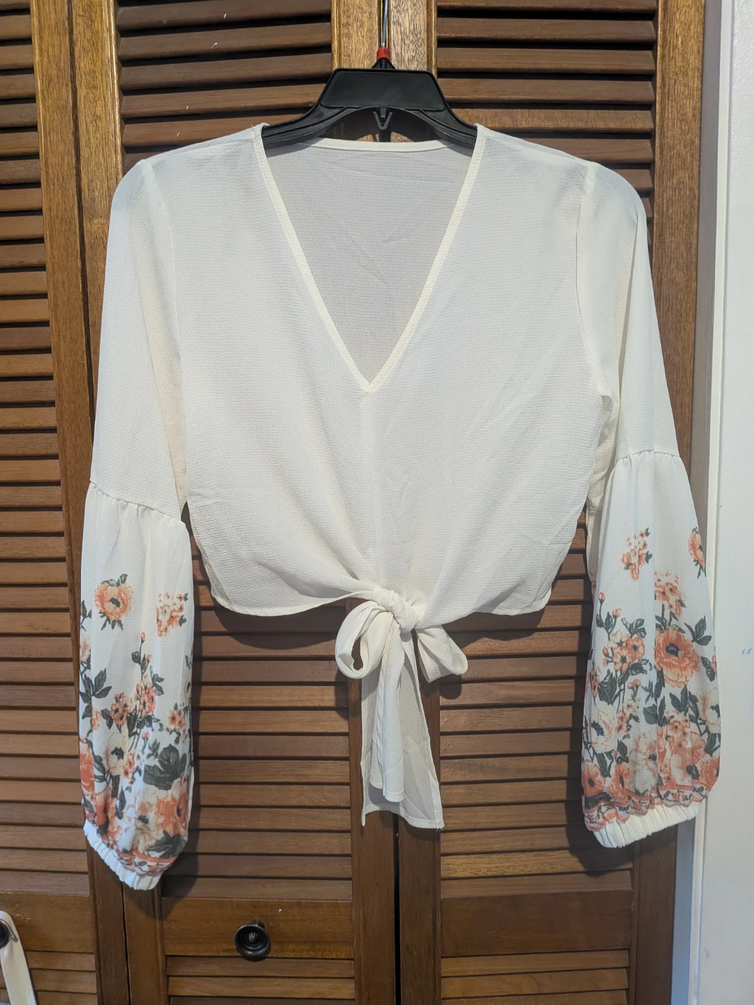 SHEIN White Floral Print Tie-Front Blouse
