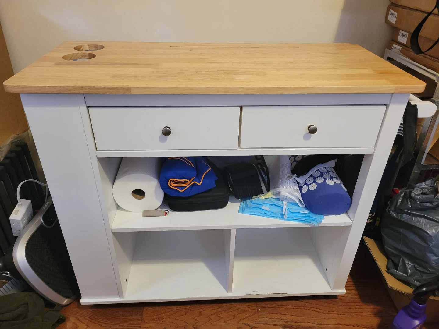 Wooden Top Kitchen Rolling Cart with Drawers and Shelves