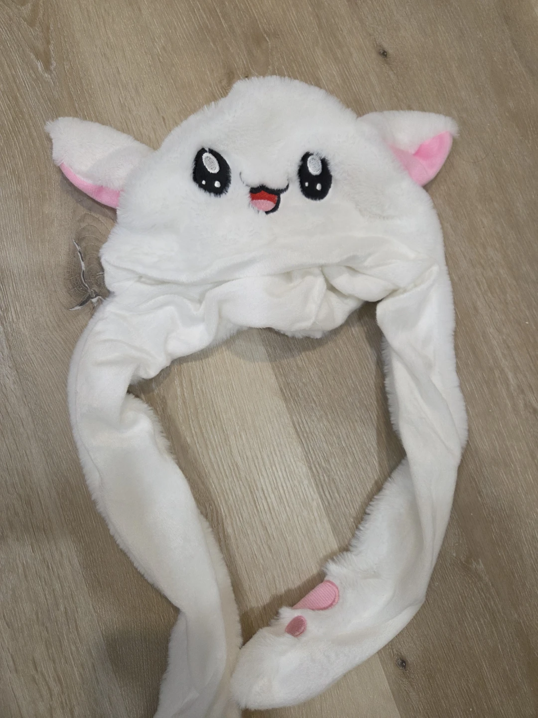 White Plush Bunny Hat with Pink Ears and Red Squid Hat
