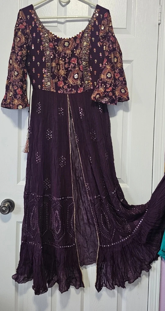 Purple Embroidered Dress with Palazzo Pants and Dupatta - photo 2
