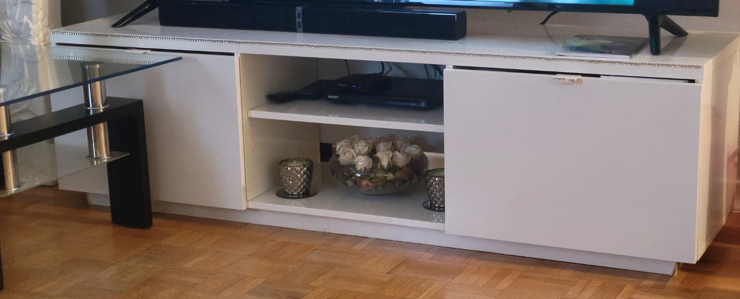 63 "White Media Console with Shelves and Cabinet