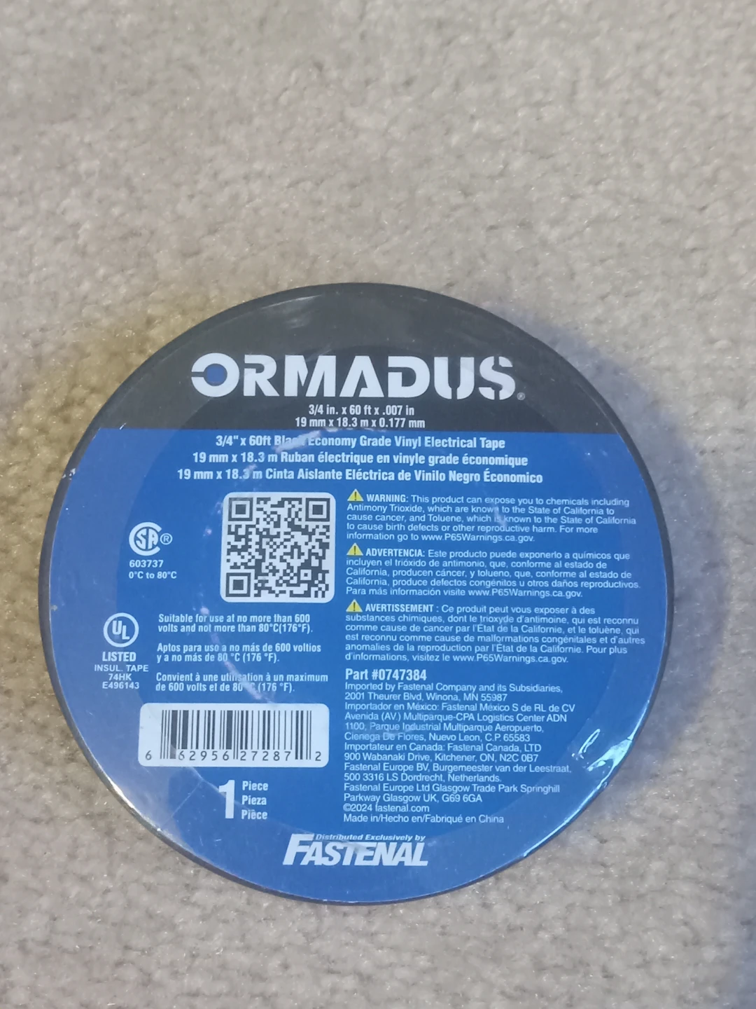 ORMADUS Electrical Tape - 3/4 in. x 60 ft. Black Vinyl