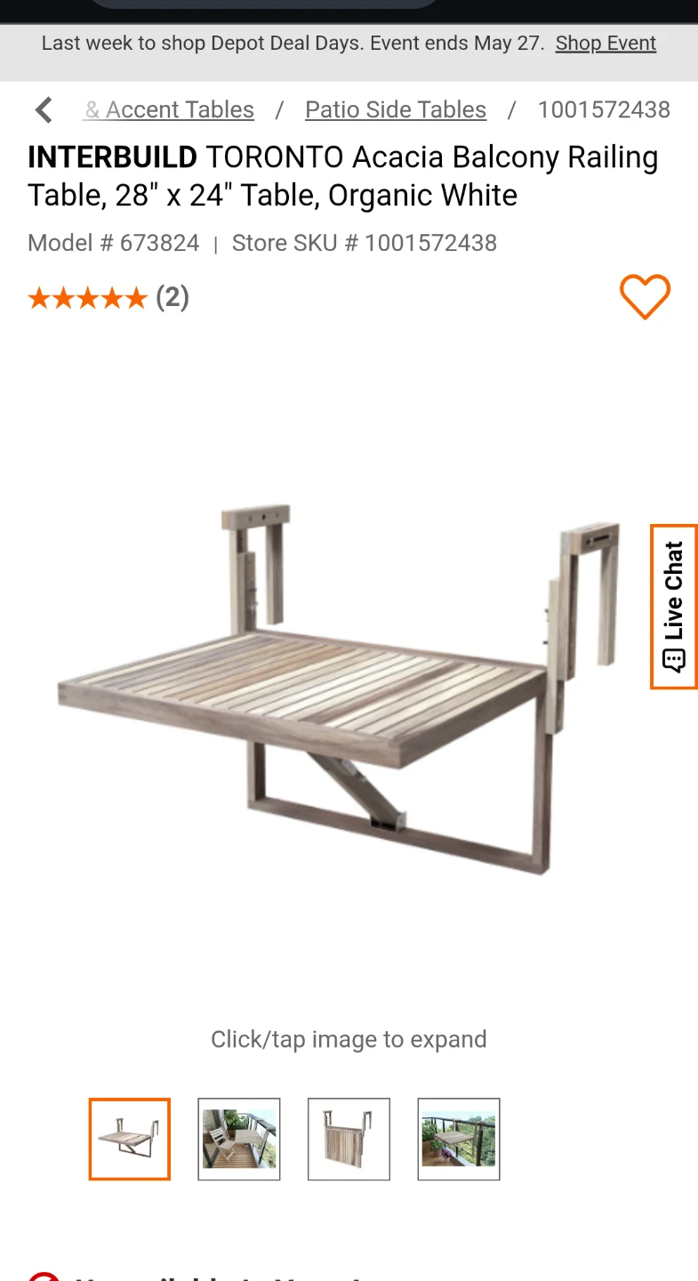 INTERBUILD Acacia Balcony Railing Table 28" x 24" Organic White
