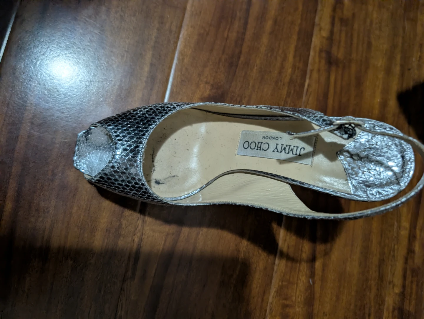 Jimmy Choo Silver Snakeskin Peep-Toe Slingbacks - photo 3