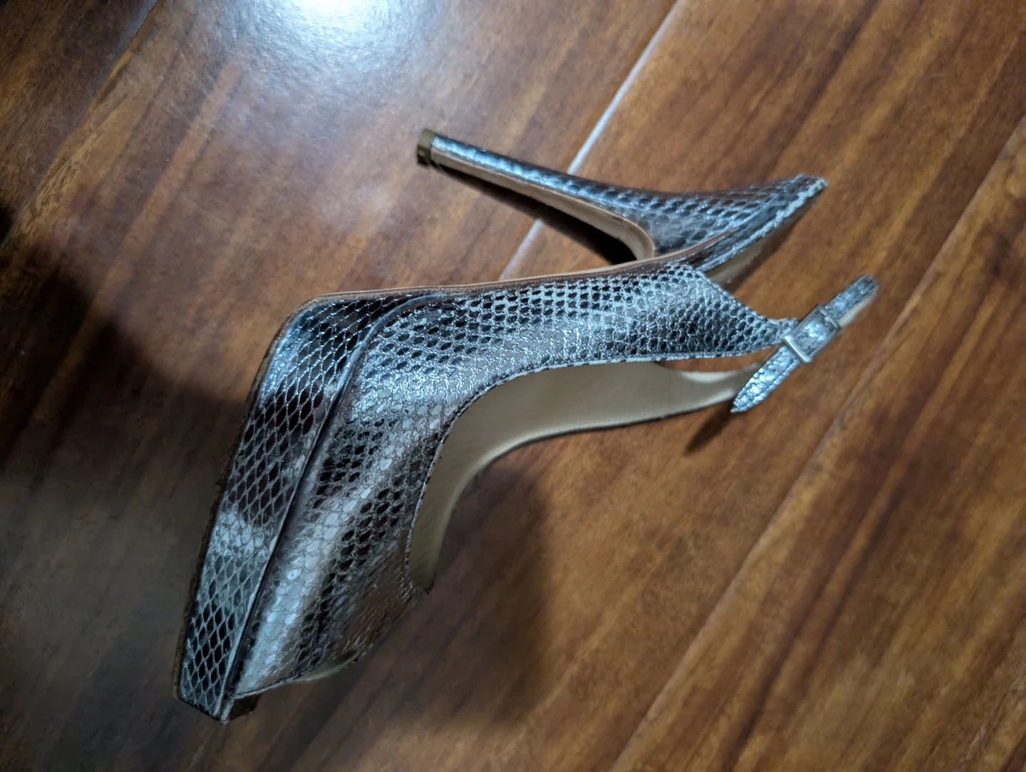 Jimmy Choo Silver Snakeskin Peep-Toe Slingbacks - photo 4