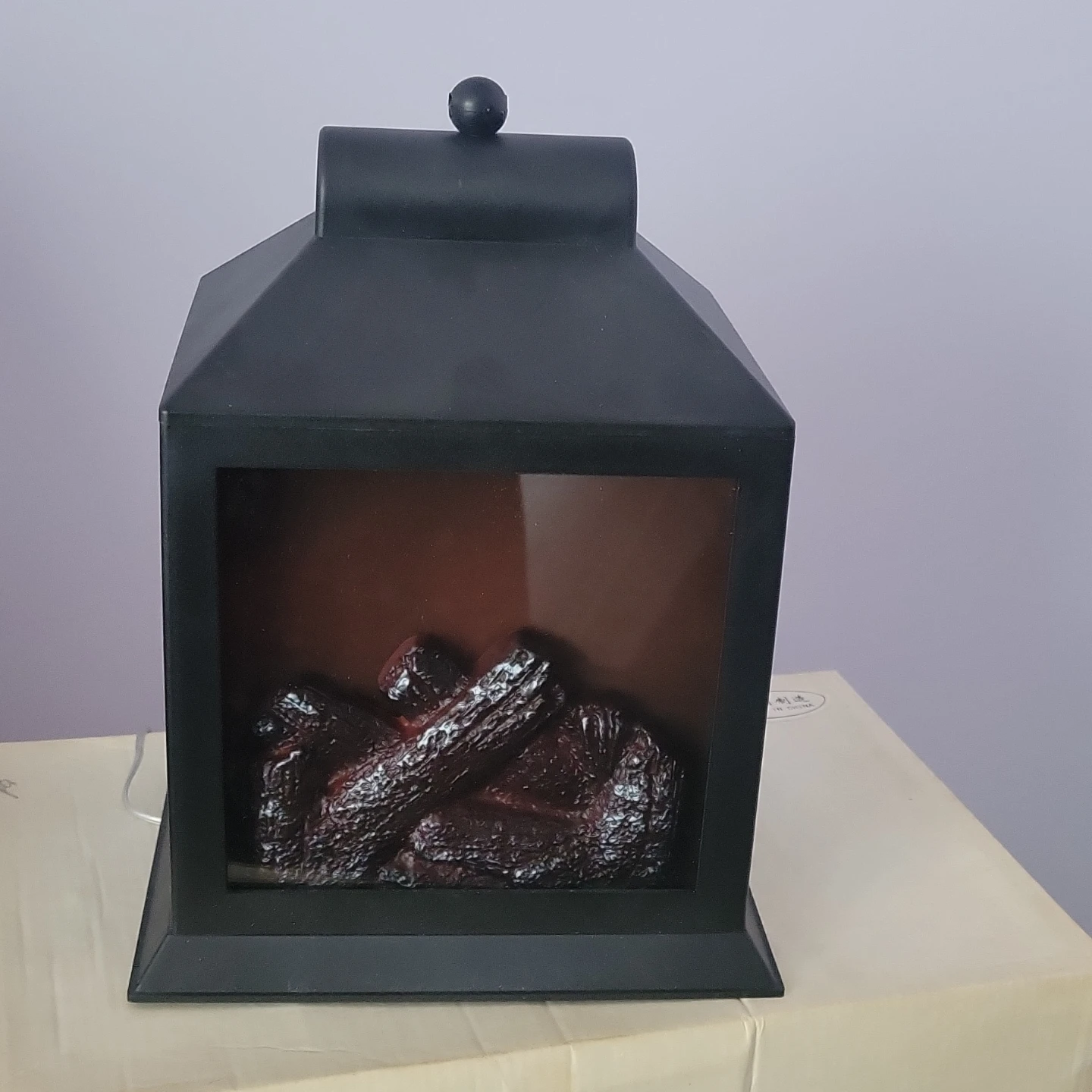 Black Electric Fireplace Lantern with Logs