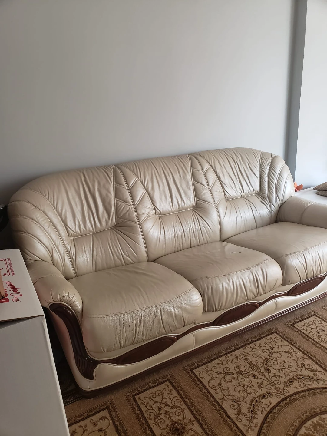 Cream Leather Sleeper Sofa - REAL LEATHER