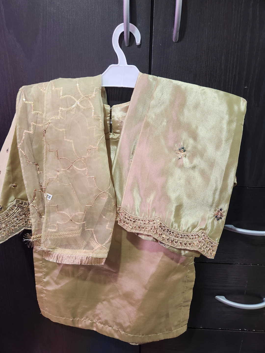 3 Piece Kids Gold Embroidered Shalwar Kameez Set - photo 3
