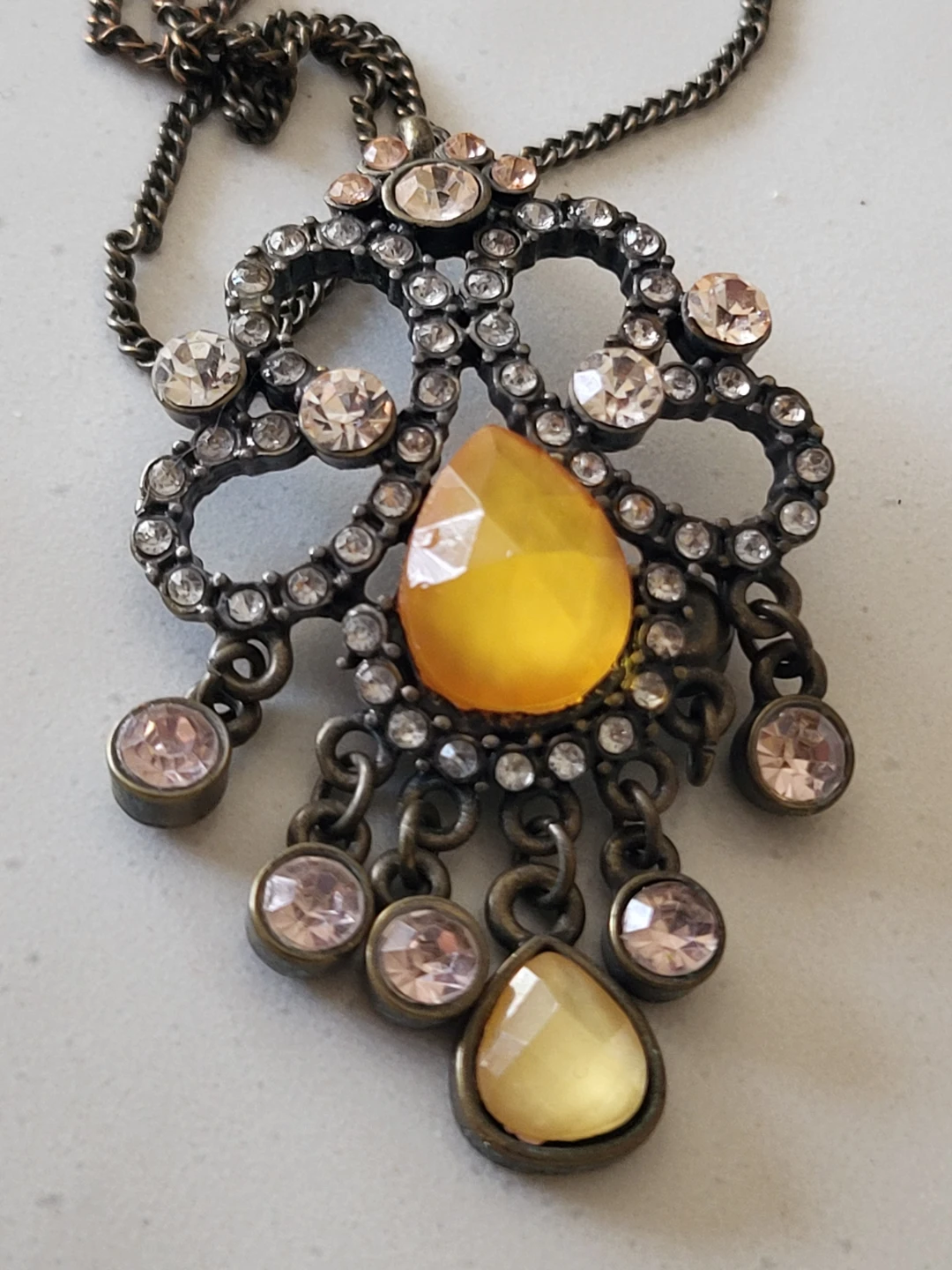 Ornate Dangle Pendant Necklace with Yellow and Pink Jewels