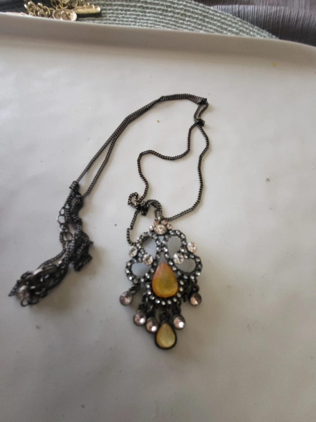 Ornate Dangle Pendant Necklace with Yellow and Pink Jewels - photo 2