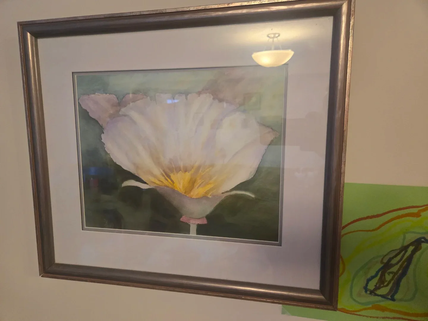 Framed Watercolor Painting of a White Flower