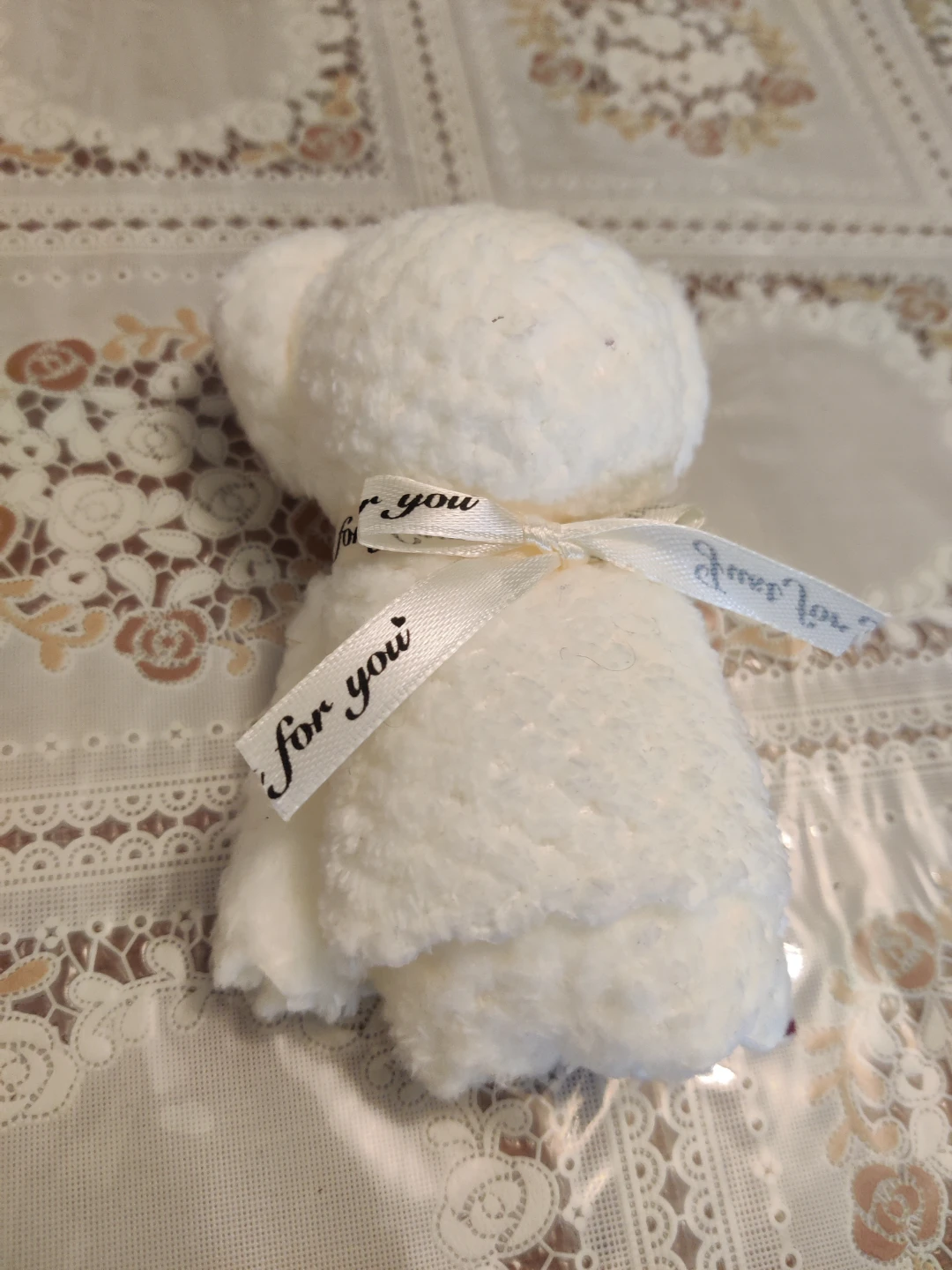 White Teddy Bear Shaped Washcloth with "for you" Ribbon