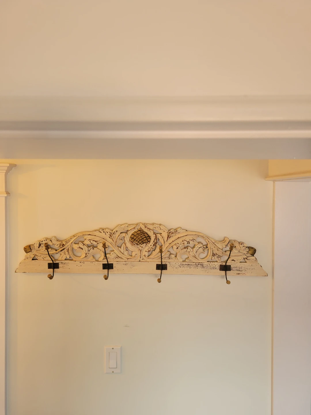 Ornate Distressed Cream Wood Coat Rack