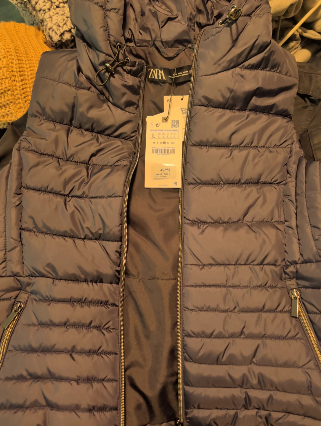 Women's ZARA Hooded Puffer Vest - Navy Blue - Size L