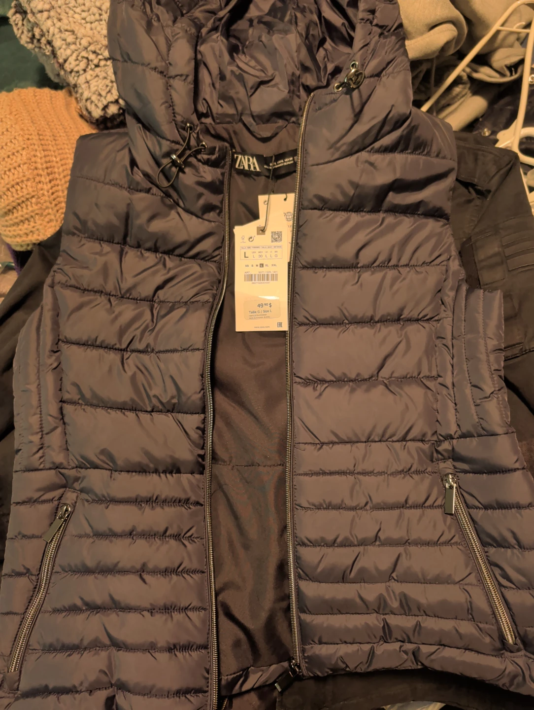 Women's ZARA Hooded Puffer Vest - Navy Blue - Size L - photo 2