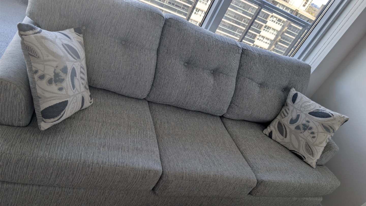 Grey Fabric Sofa with Accent Pillows