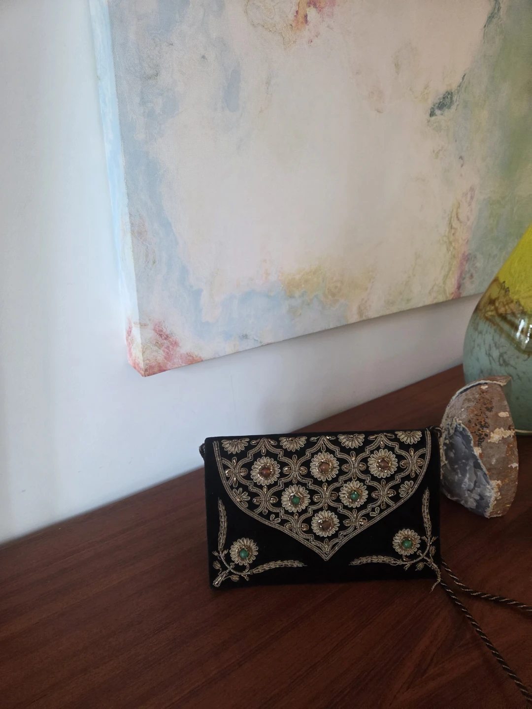 Vintage Embroidered Black Clutch with Beading