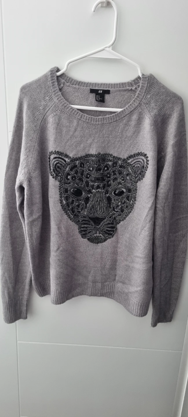 H&M Grey Beaded Leopard Face Sweater