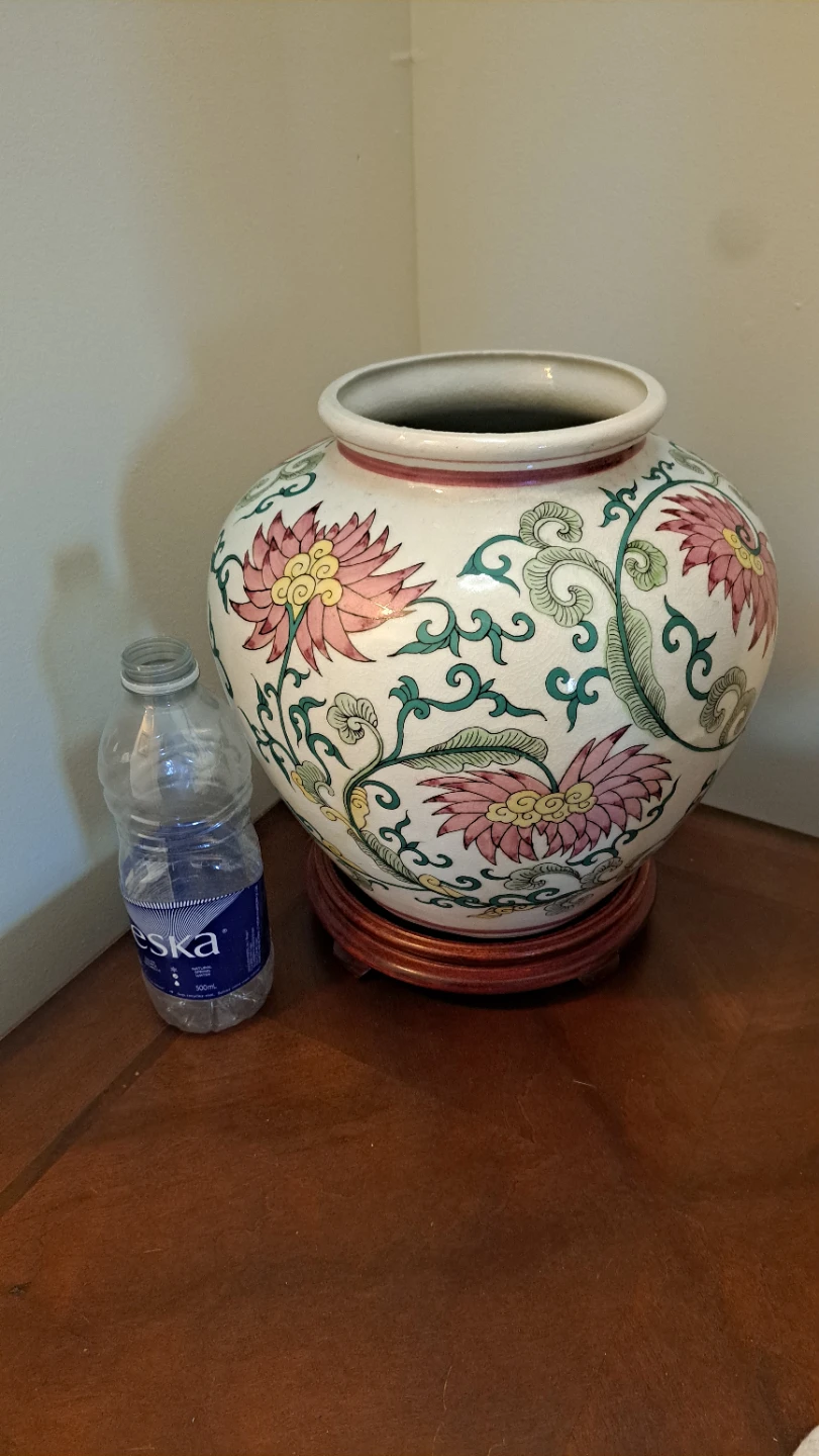 Large Ceramic Vase with Floral Design and Wooden Stand - photo 2